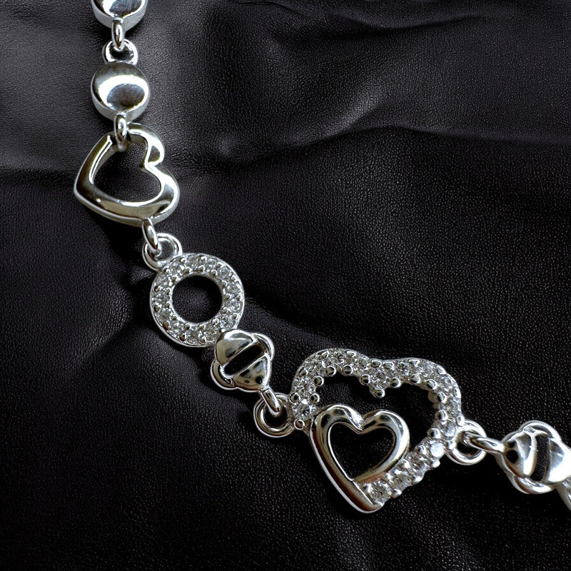 925 Sterling Silver Heart & Crystal Link Bracelet