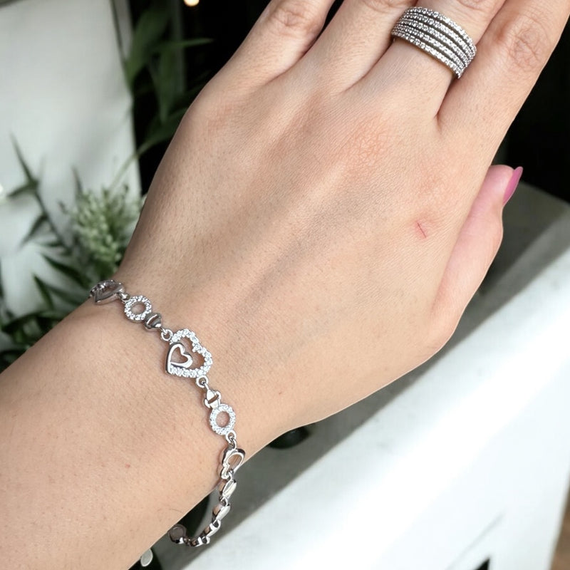 925 Sterling Silver Heart & Crystal Link Bracelet